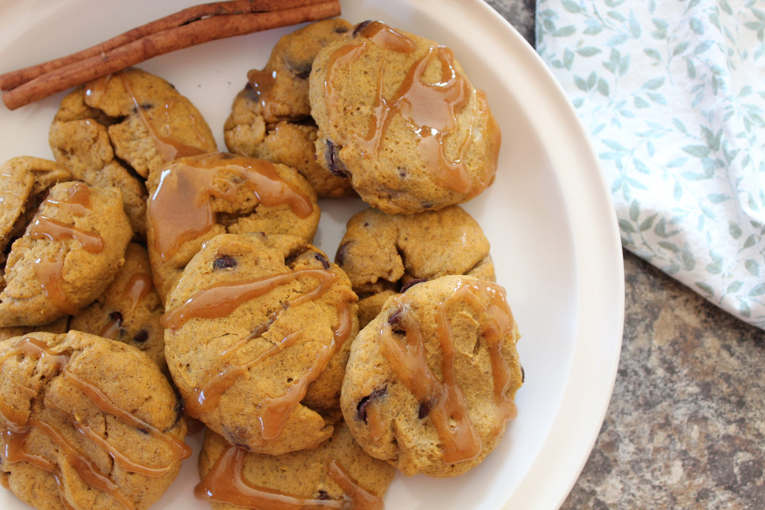 Gluten-free pumpkin chocolate chip cookies with caramel drizzle