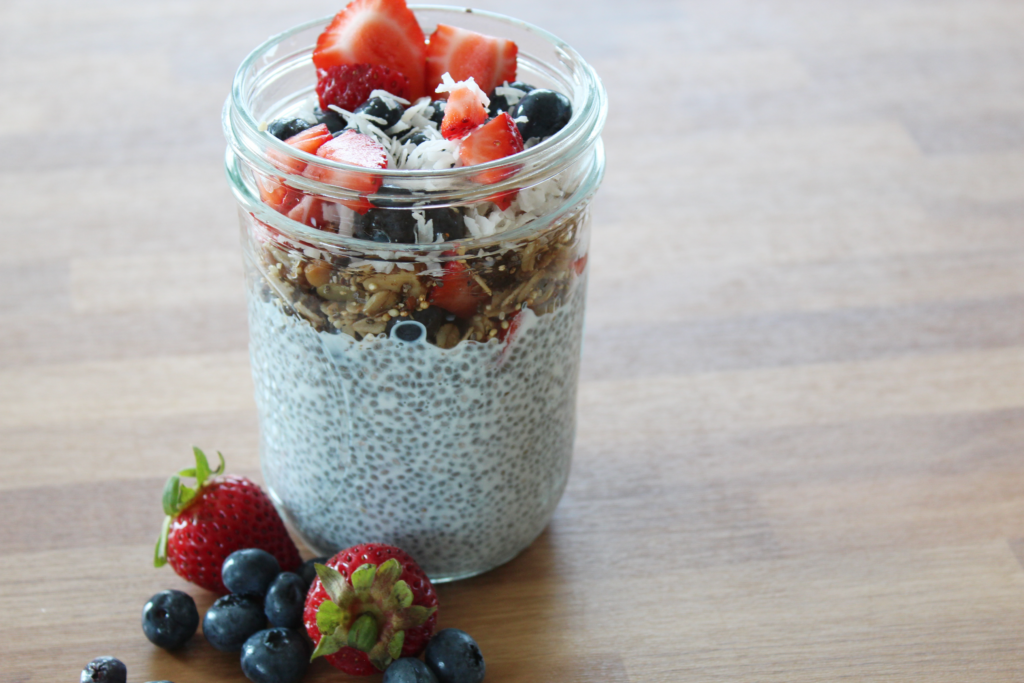 Chia seed pudding with berries and granola.