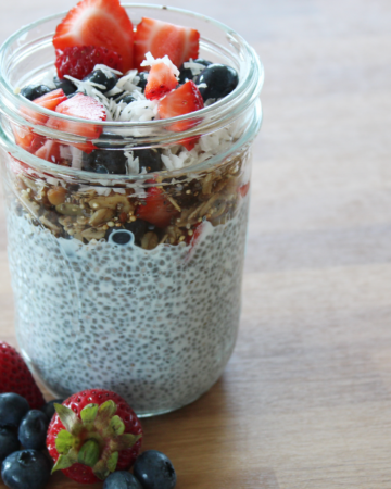 Chia seed pudding with berries and granola.