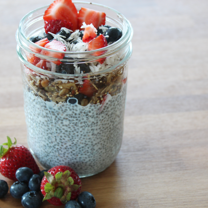 Chia seed pudding with berries and granola.