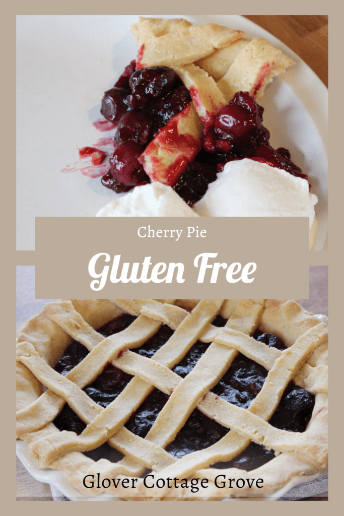 Gluten free cherry pie pin with an image of a slice of pie and the whole pie