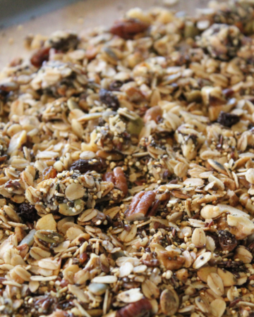 Granola closeup on a baking sheet.